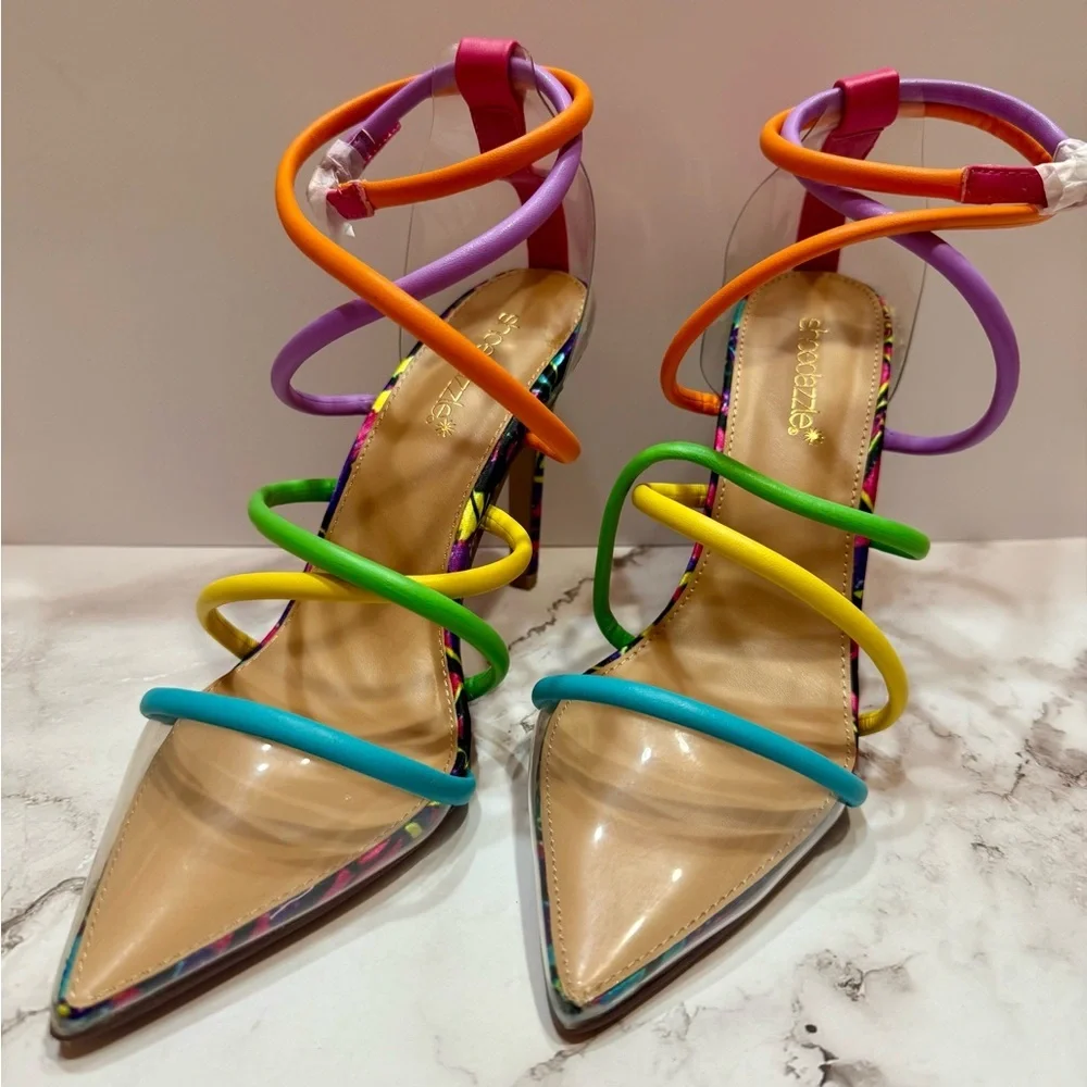 🌈 Shoe Dazzle Crissa Rainbow Strappy Stiletto Heels Size 7.5 NWT